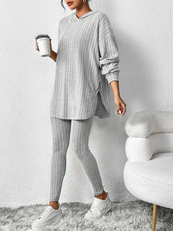 Ribbed Knit Hooded Long Sleeve Lounge Set