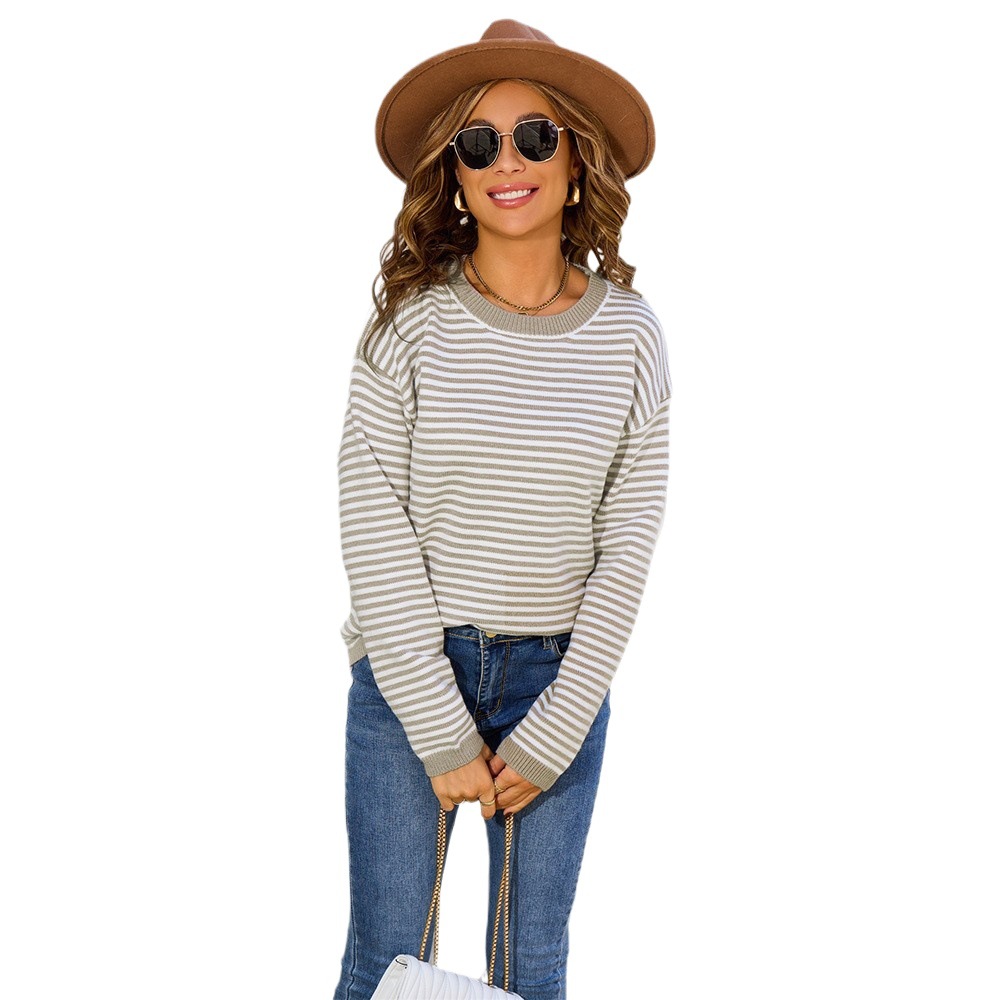Women's Retro Striped Crewneck Knit Sweater Colorblock Pullover