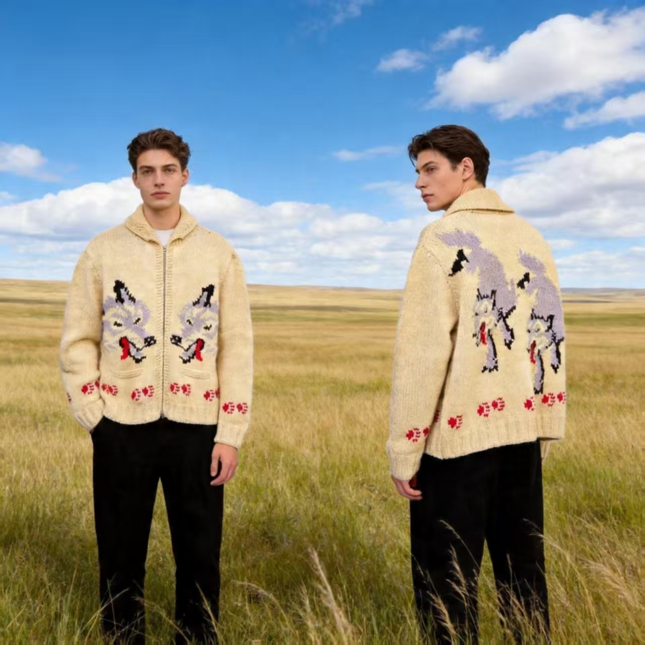 Retro Wolf Head Jacquard Zip Cardigan Chunky Knit Unisex