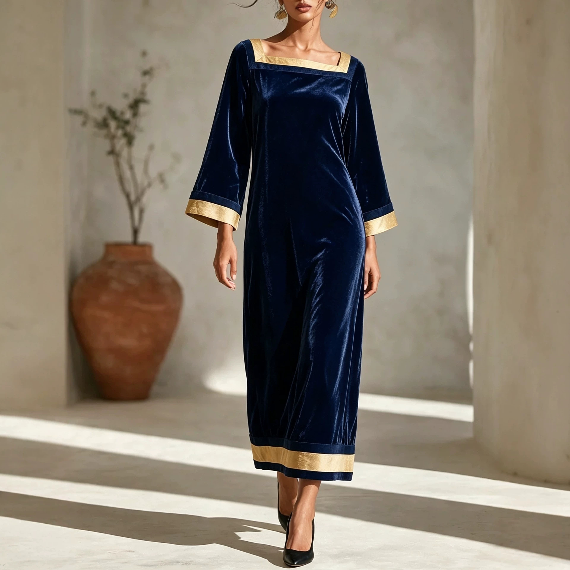 Women's Vintage Velvet Square Neck Midi Dress with Nine-Tenth Sleeves