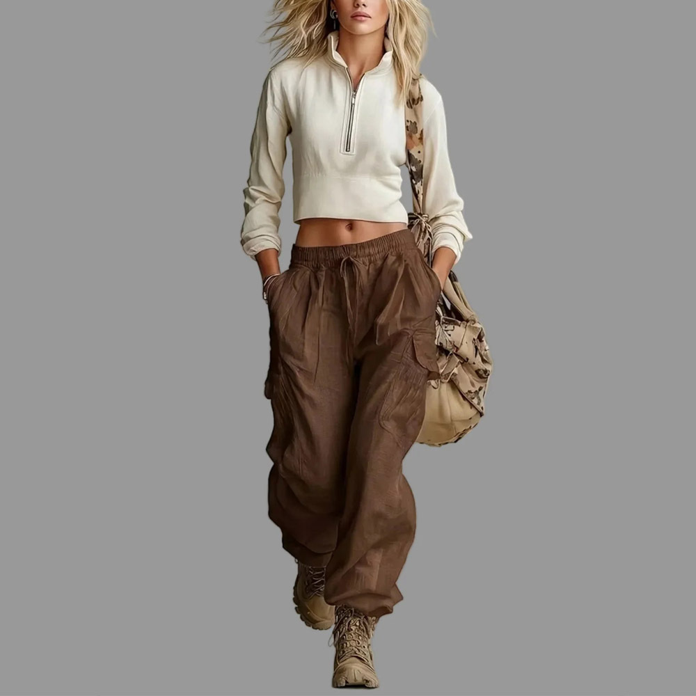 Multi-Pocket Cargo Pants for Women Wide-Leg Relaxed Fit