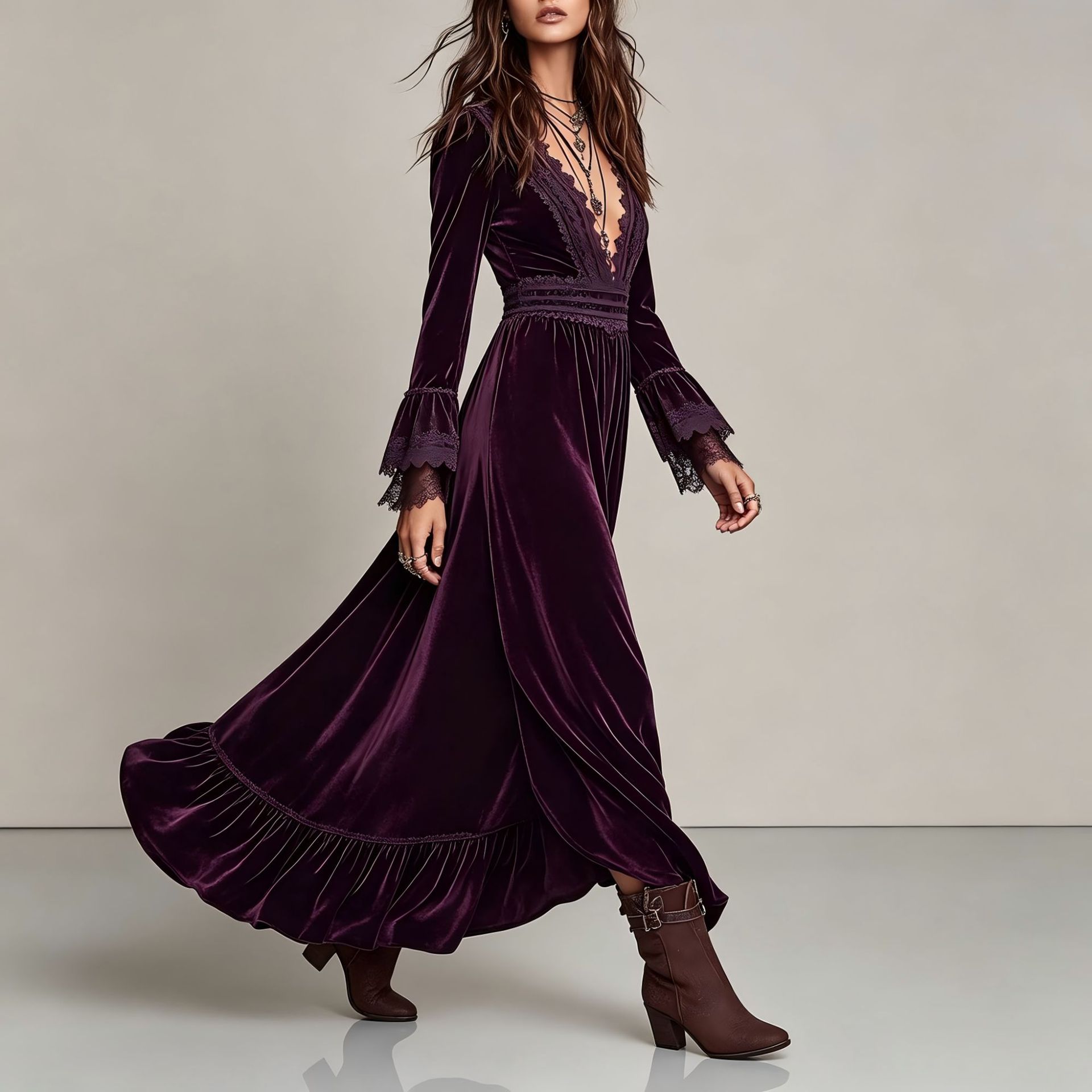 Western Vacation Lace-Trim Velvet Dress