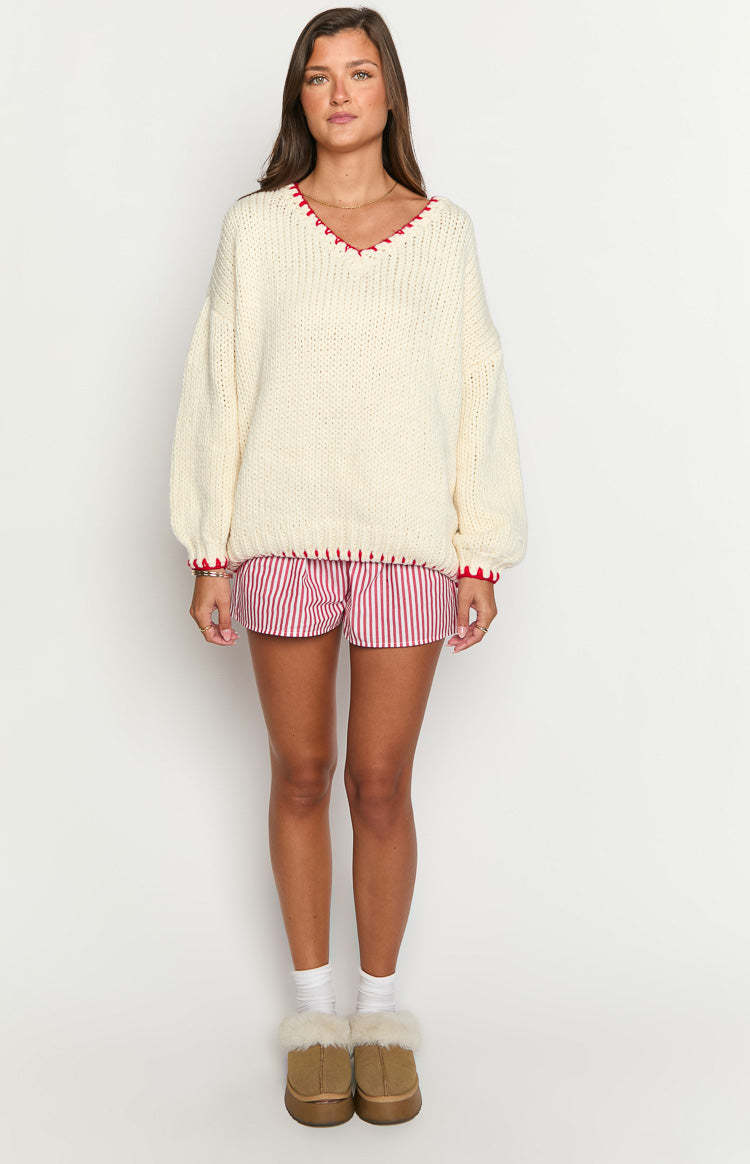 Women's Off-White Lace Collar Knit Sweater Loose Drop Shoulder Top