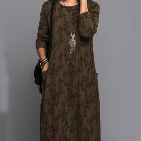 Women's Printed Round Neck Long Sleeve Pocket Dress
