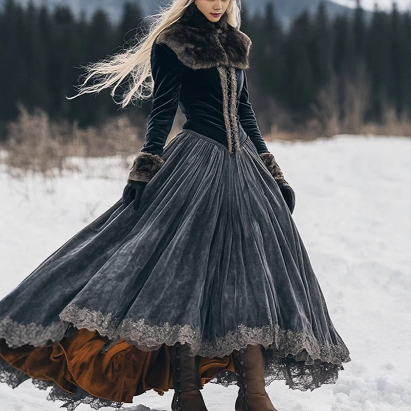 Women's Long Sleeve Gold Velvet Dress with Faux Fur Collar and Lace Trim