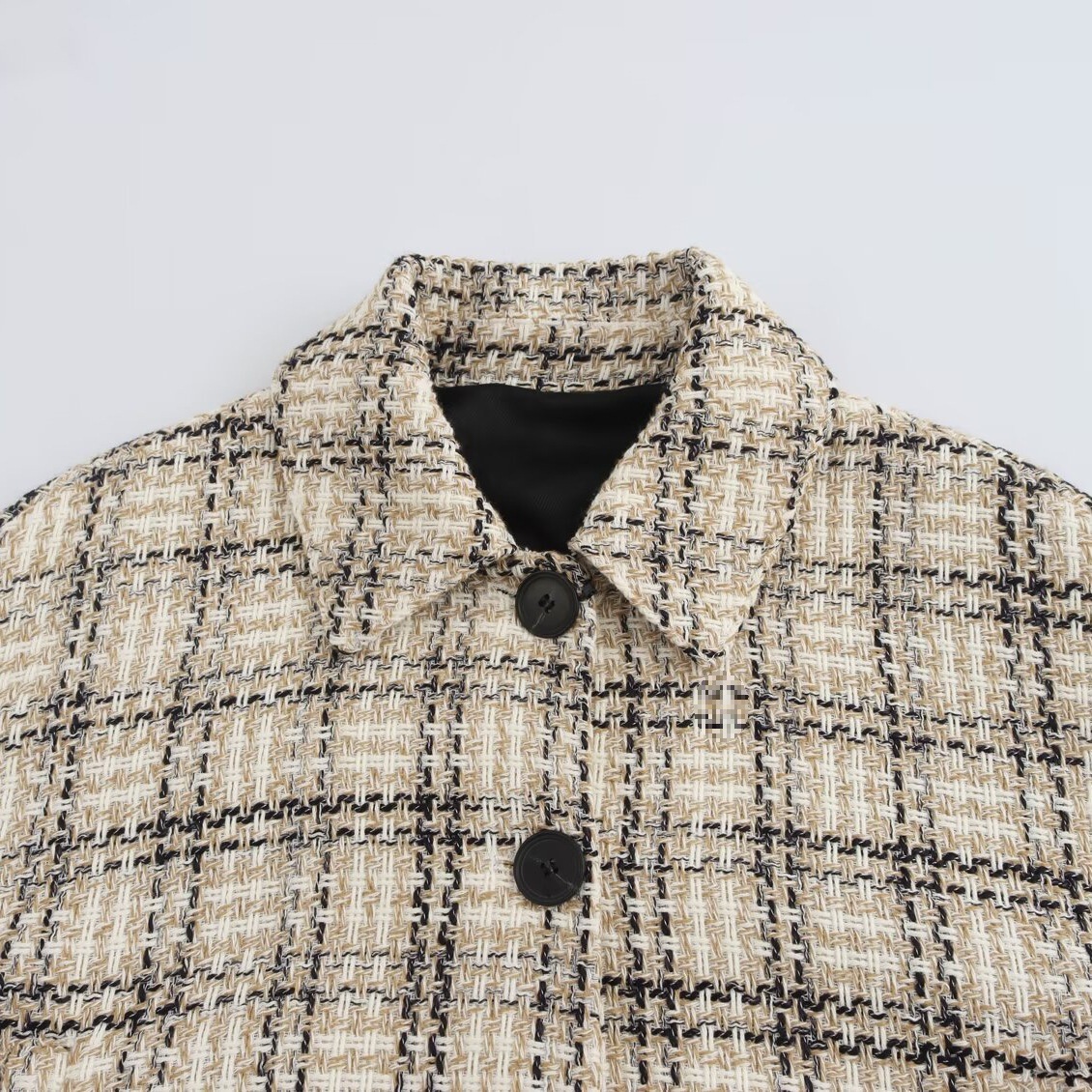 Women's Textured Plaid Lapel Long-Sleeve Short Jacket