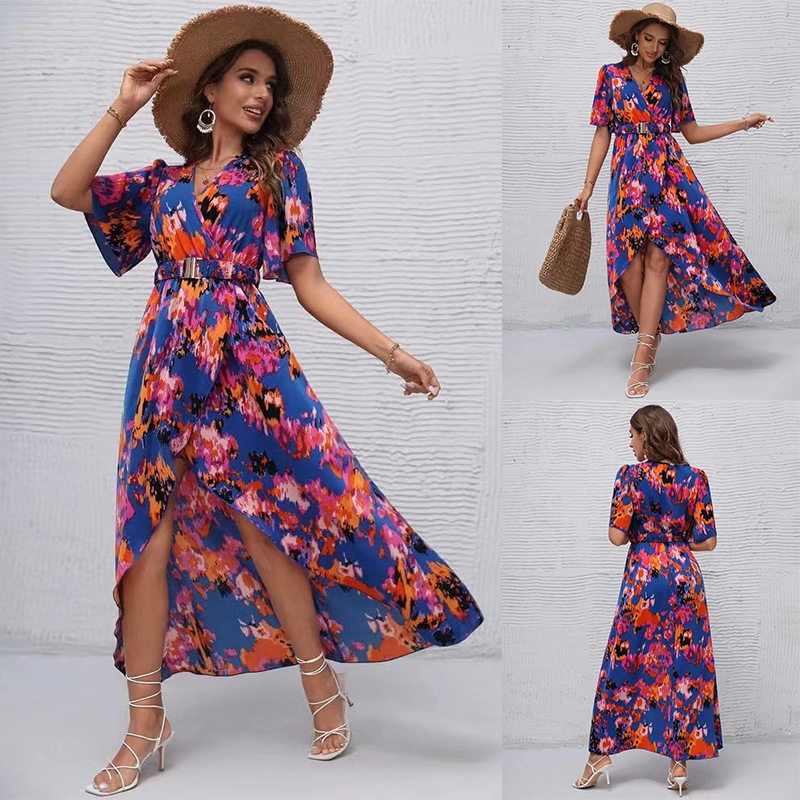 Women's Summer V-Neck Short Sleeve Irregular Hem Beach Dress