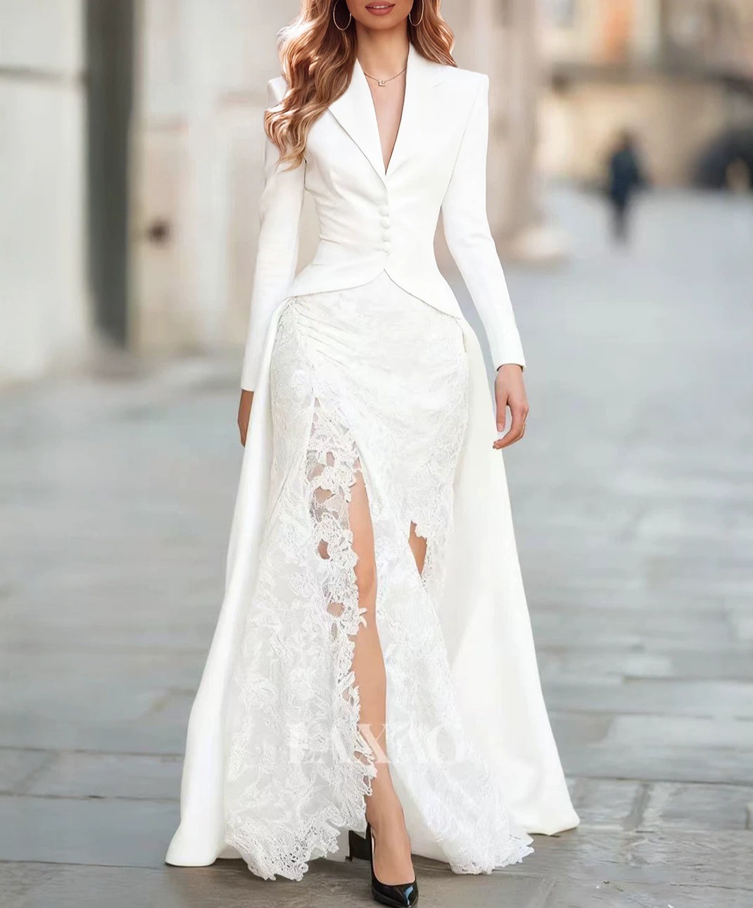 Women's Long Sleeve Lace Blazer Collar Two-Piece Dress Set