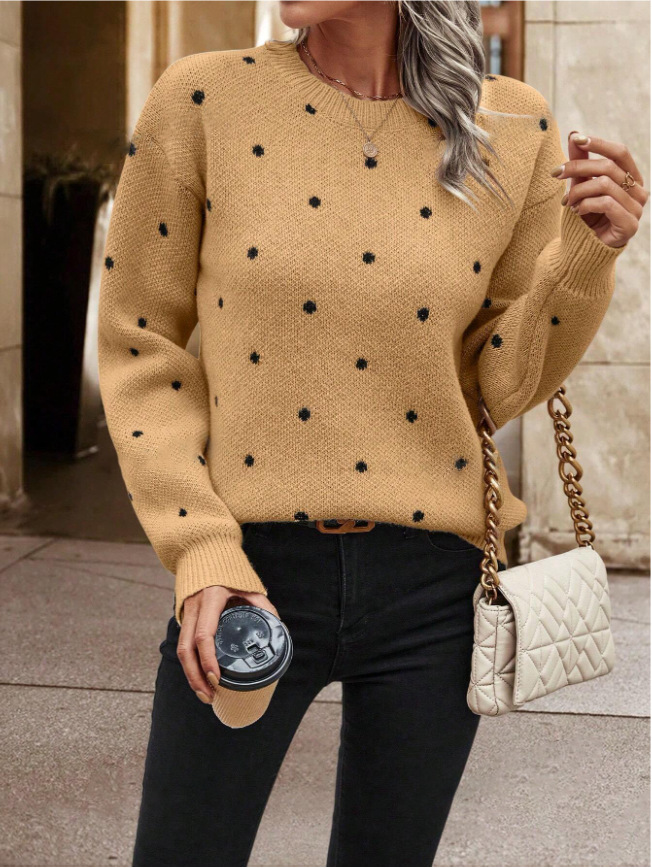 Polka Dot Jacquard Knit Pullover Sweater with Round Neck and Long Sleeves