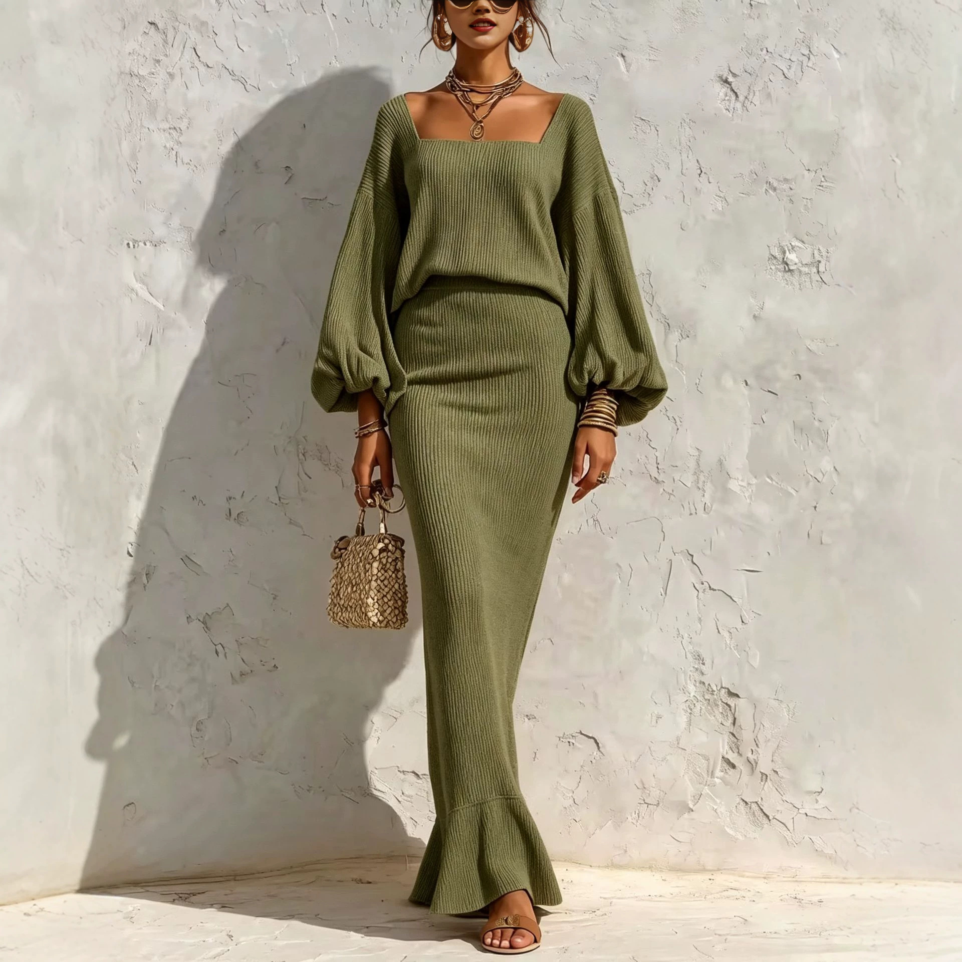 Square Neck Lantern Sleeve Ribbed Knit Two-Piece Set with Mermaid Midi Skirt