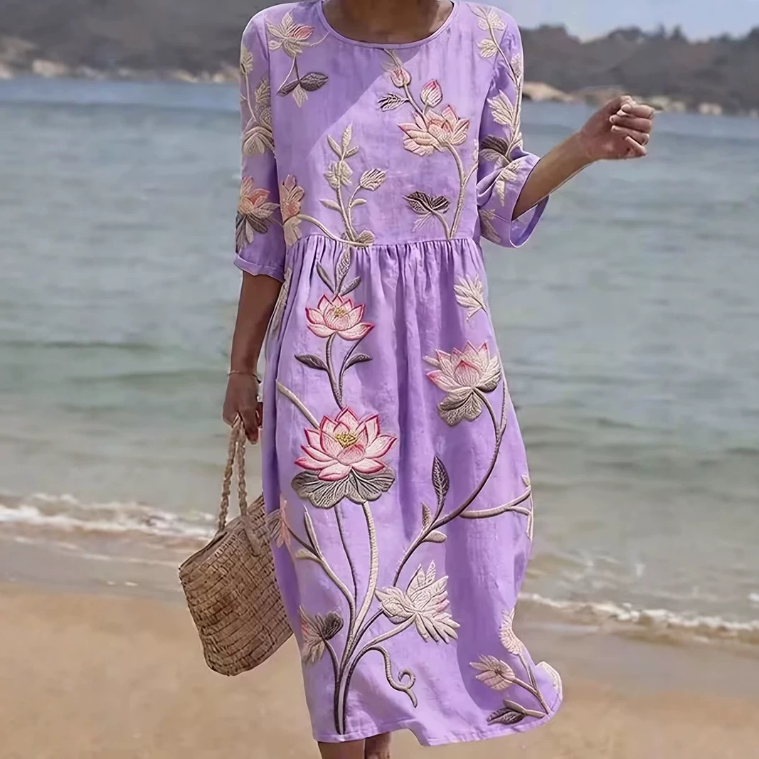 Women's Floral Pleated Midi Dress Round Neck Five-Sleeve Slim Fit