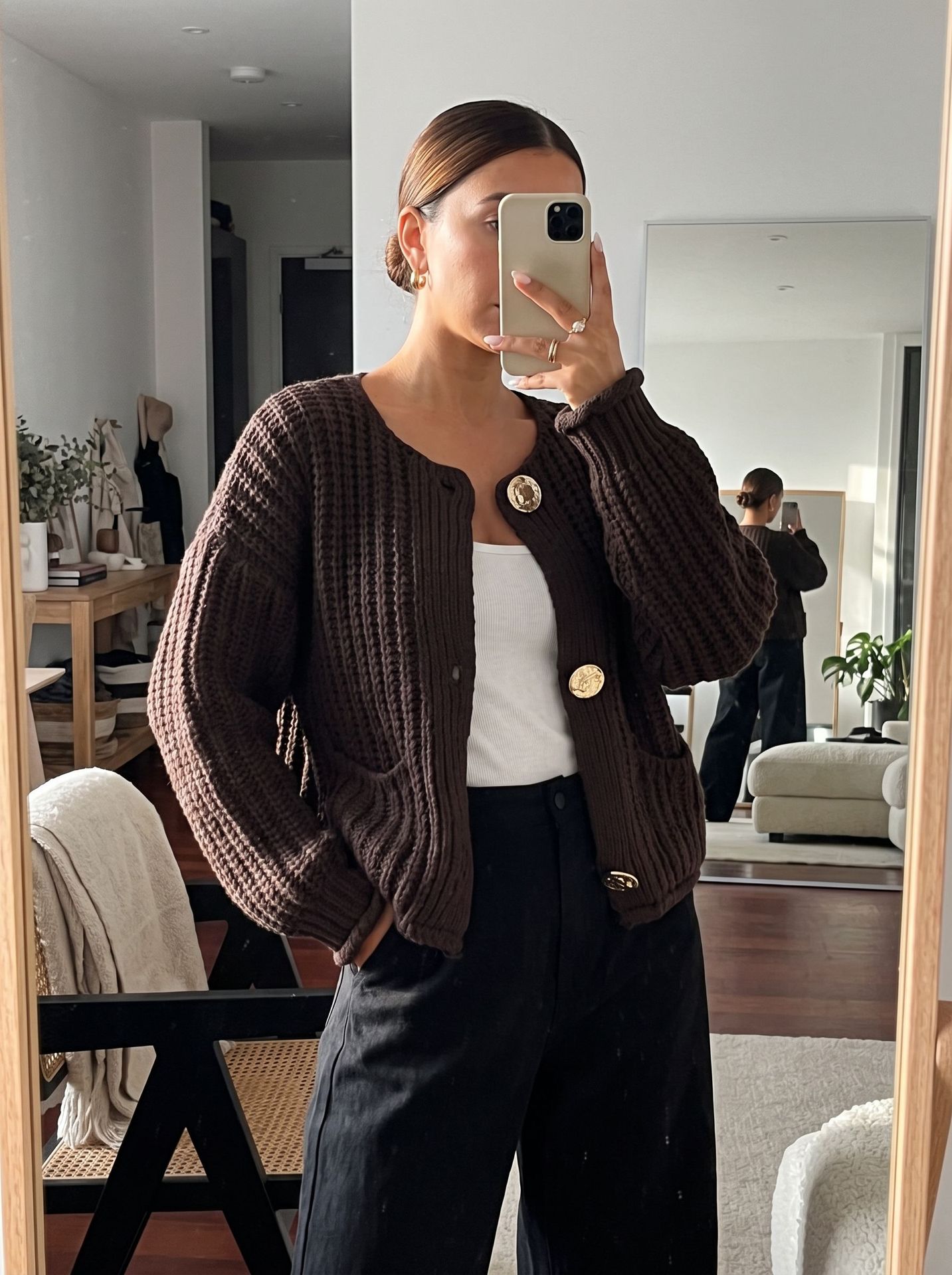 Women's Metal Button Round Neck Knit Cardigan Sweater Coat