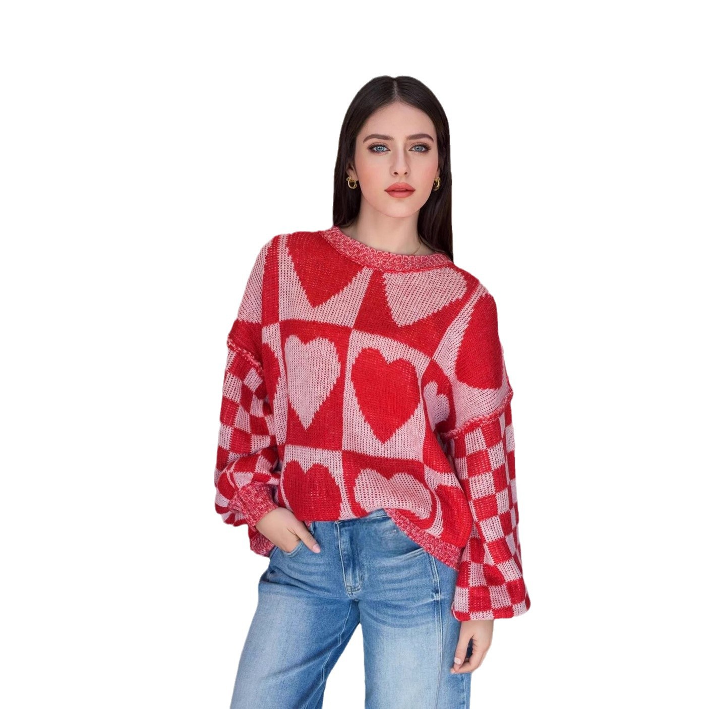 Loose Fit Heart Pattern Mid-Length Sweater Lazy Style Thick Round Neck Knit Top
