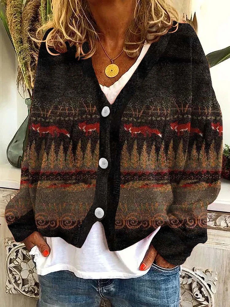 Abstract Print Open-Front Cardigan Sweater