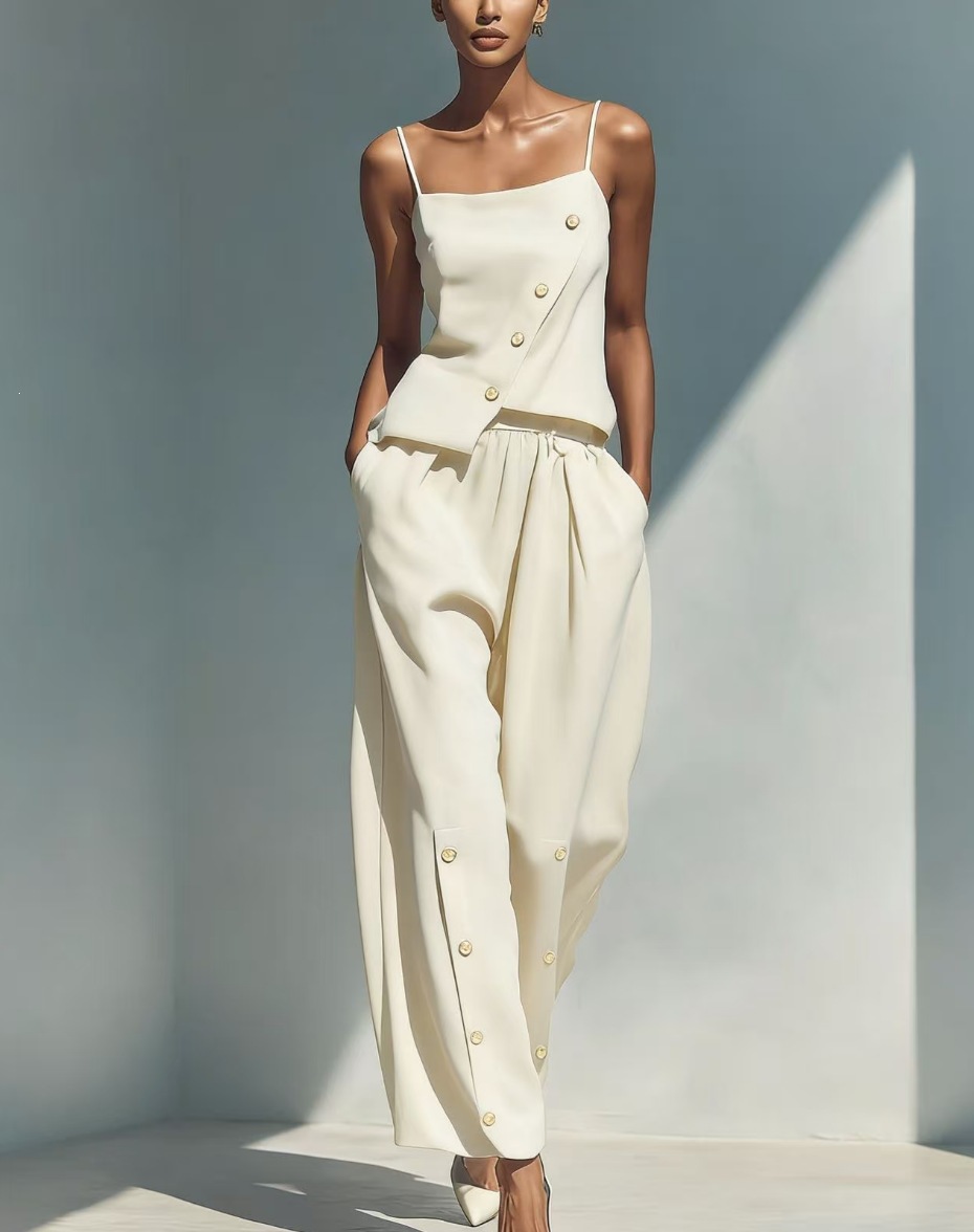 Women's Summer Linen Two-Piece Set Sleeveless Vest and Pants