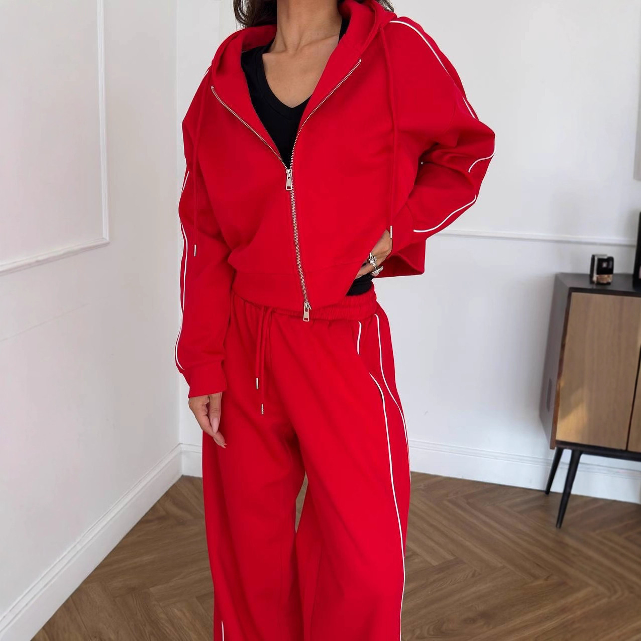 Women's Striped Two-Piece Set with Long Sleeve Zip Cardigan and Tie Pants