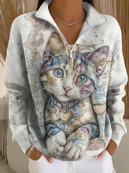 Cat & Moon Print Half-Zip Hoodie for Women