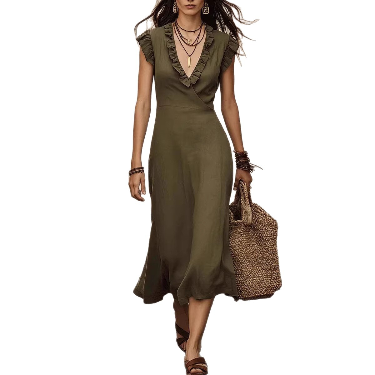 Women's French V-Neck Cotton-Linen Flutter Sleeve Ruffle Midi Dress