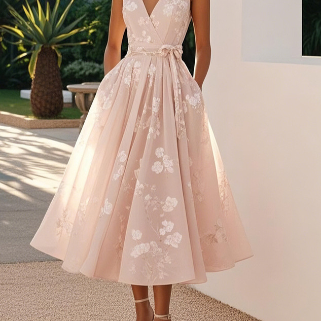 Sleeveless V-Neck Digital Print Dress