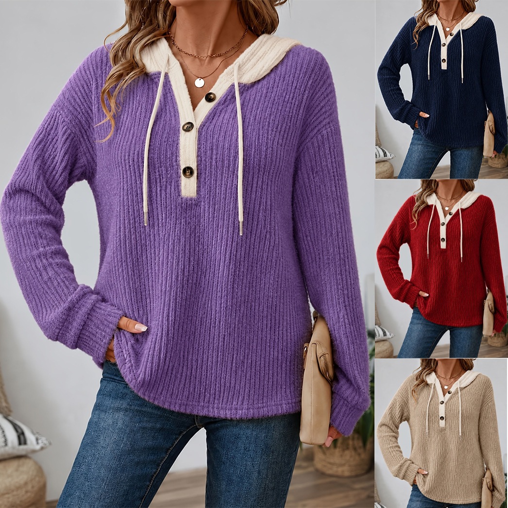 Women's Loose V-Neck Button Drawstring Hooded Casual Top