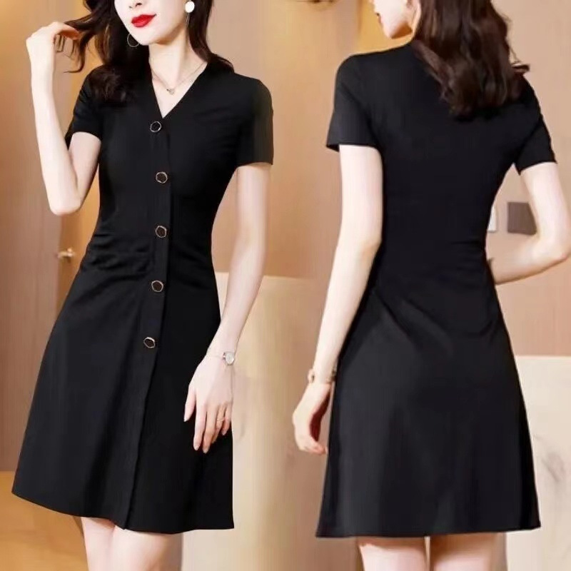 Women's Black V-Neck Short Sleeve A-Line Midi Dress Slimming Plus Size