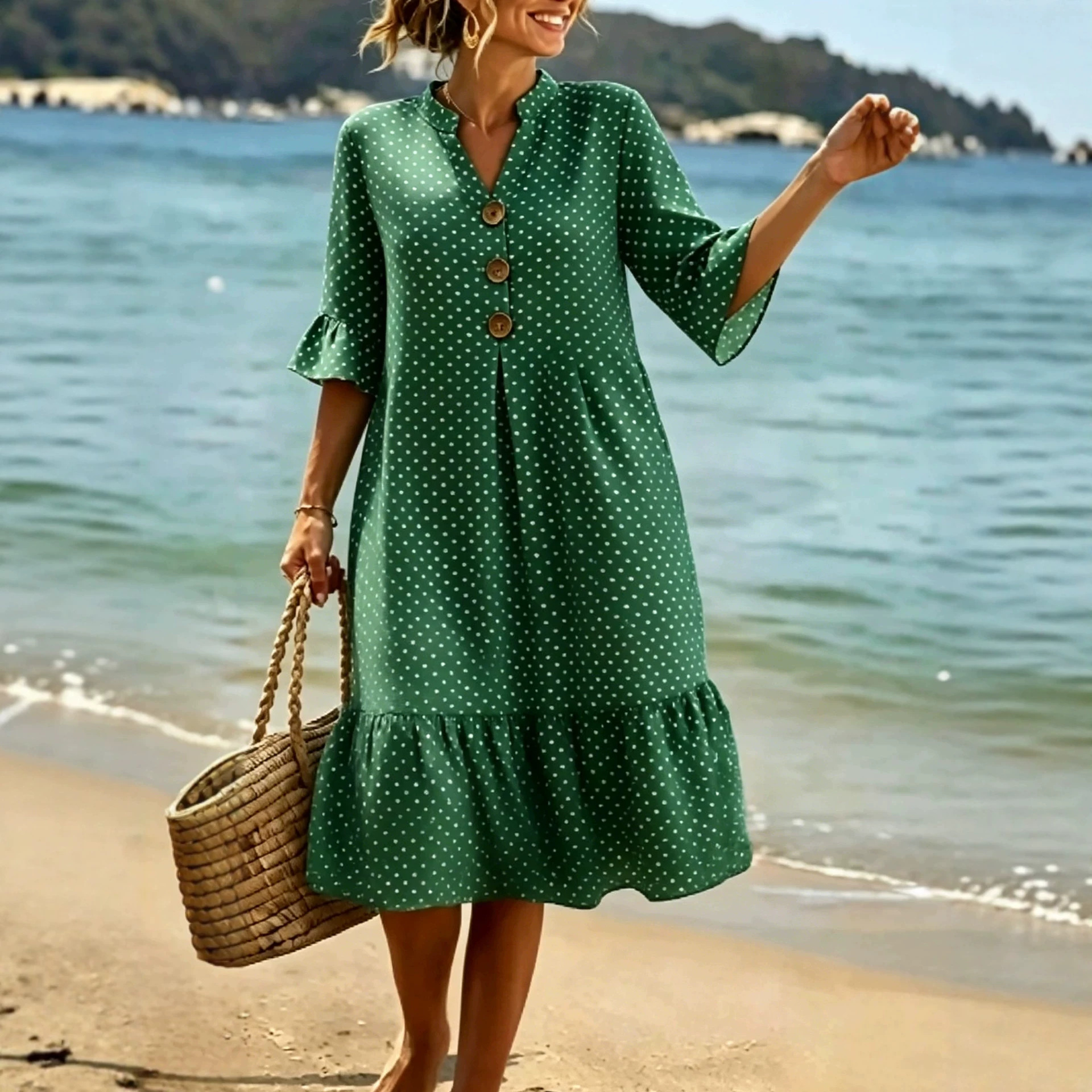 V-Neck Polka Dot Ruffle Sleeve Boho Midi Dress