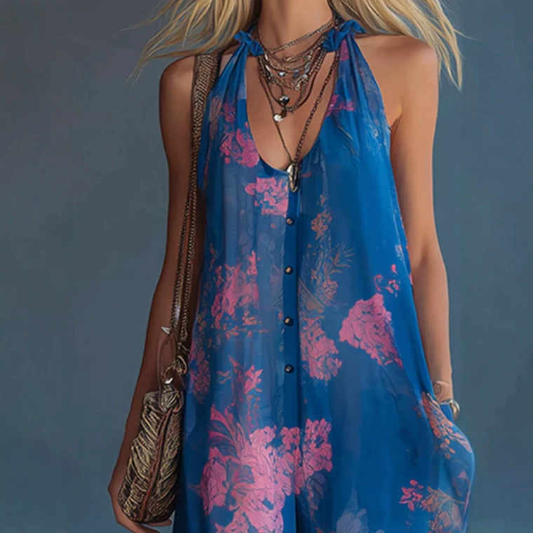 Elegant Vintage Floral Print Blue Chiffon Sleeveless Wide-Leg Jumpsuit