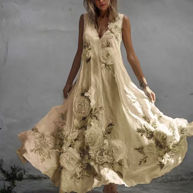 Women's Printed Sleeveless V-Neck Long Dress