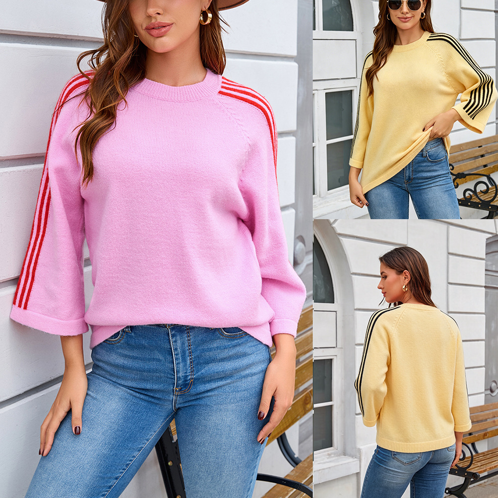 Women's Striped Color-Block Knit Sweater with Three-Quarter Sleeves, Loose Casual Crewneck Pullover