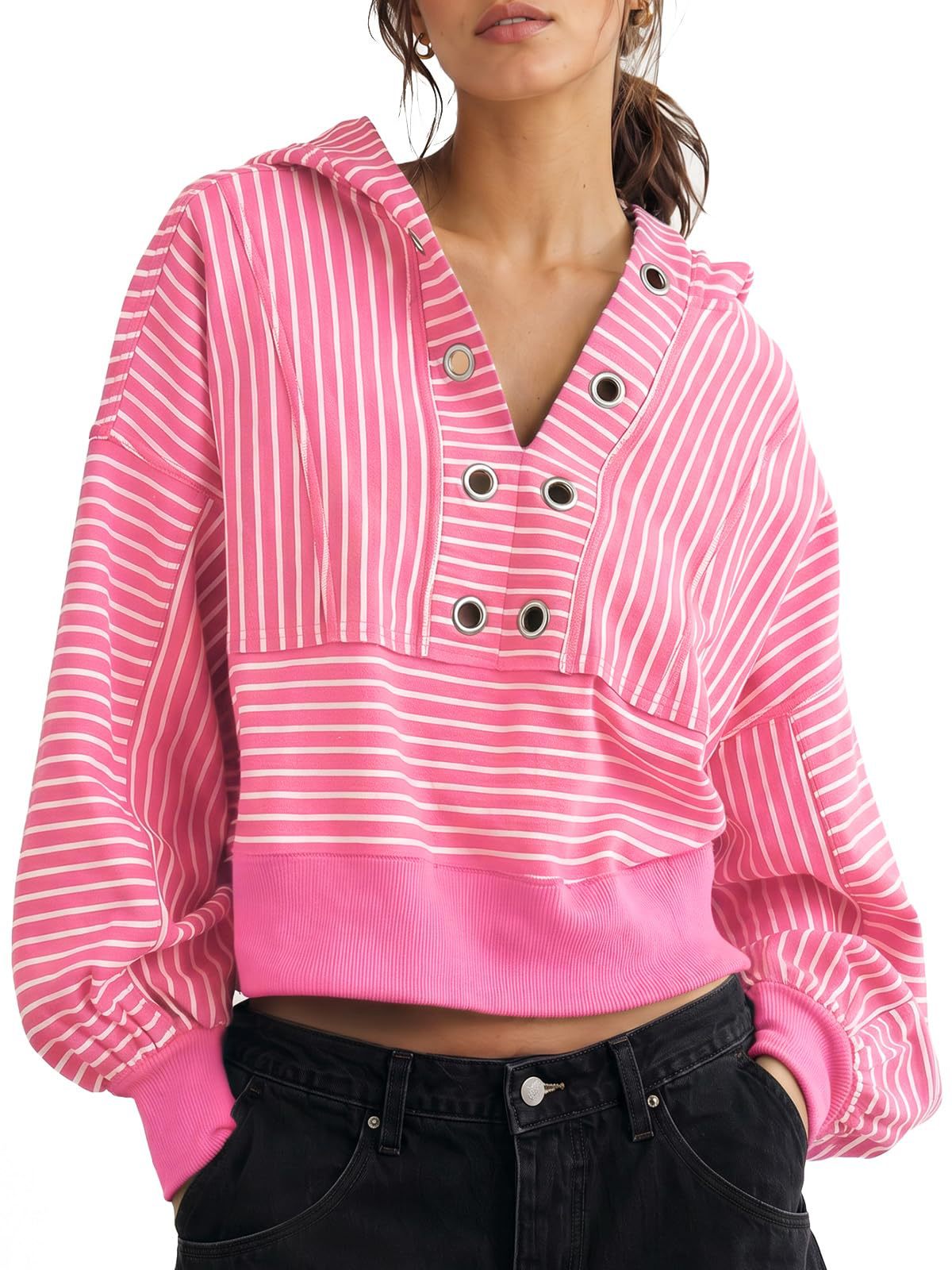 Women's Striped Short V-Neck Hooded Loose Sweatshirt