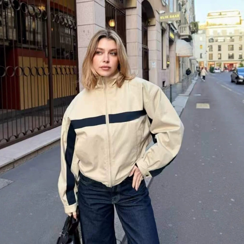 Women's Colorblock Stand Collar Zip Jacket