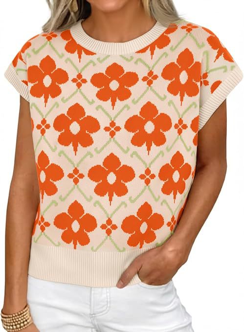 Women's Floral Knit Short Sleeve Sweater Vintage Crew Neck Loose Summer Pullover