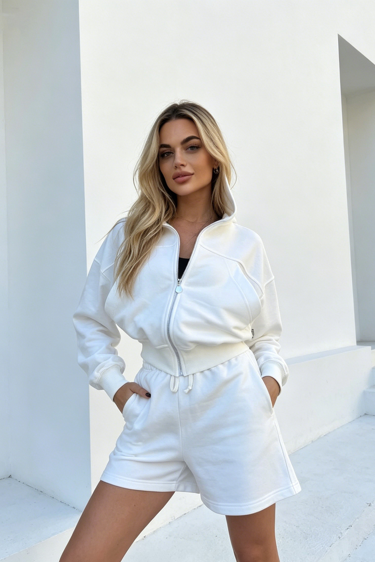 Women's Vintage Lazy Style Zip-Up Cardigan and Shorts Lounge Set