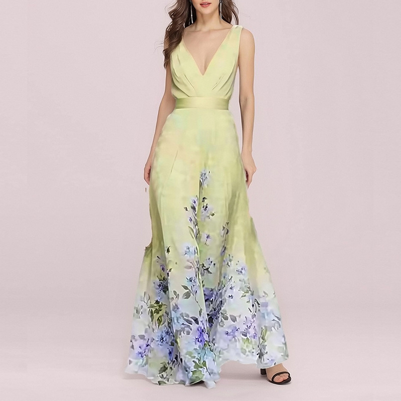 Women's Botanical Print V-Neck Sleeveless A-Line Maxi Dress