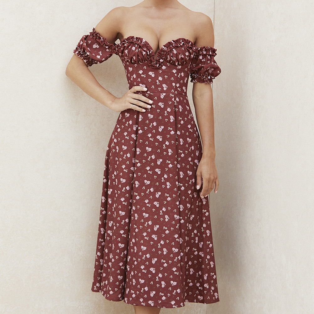 Women's Off-Shoulder Floral Dress Short Sleeve Slit Midi