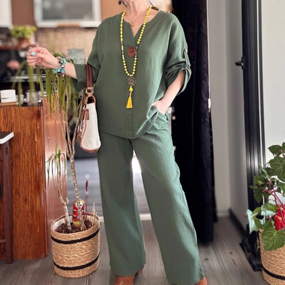 Cotton-Linen Two-Piece Set with Mid-Sleeve Top and Wide-Leg Pants