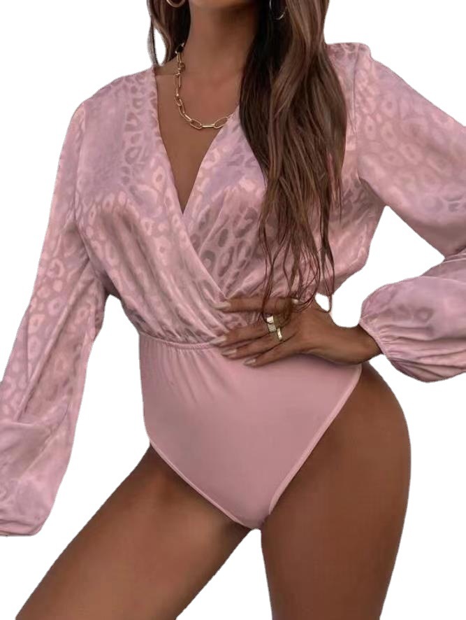 Long Sleeve Collarless Jacquard Slim Fit Bodysuit