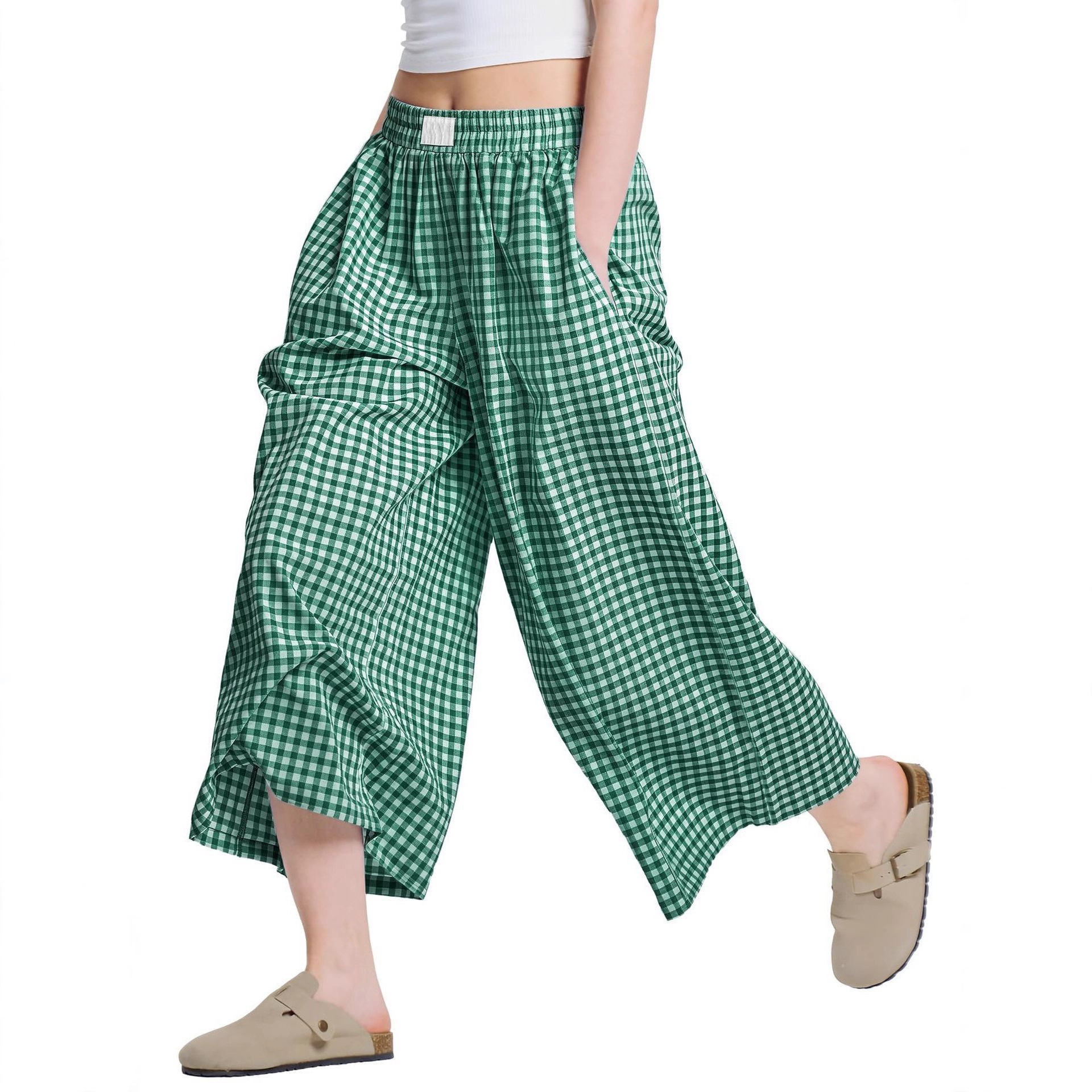 Women's Plaid Linen-Blend Wide-Leg Pants Loose Casual