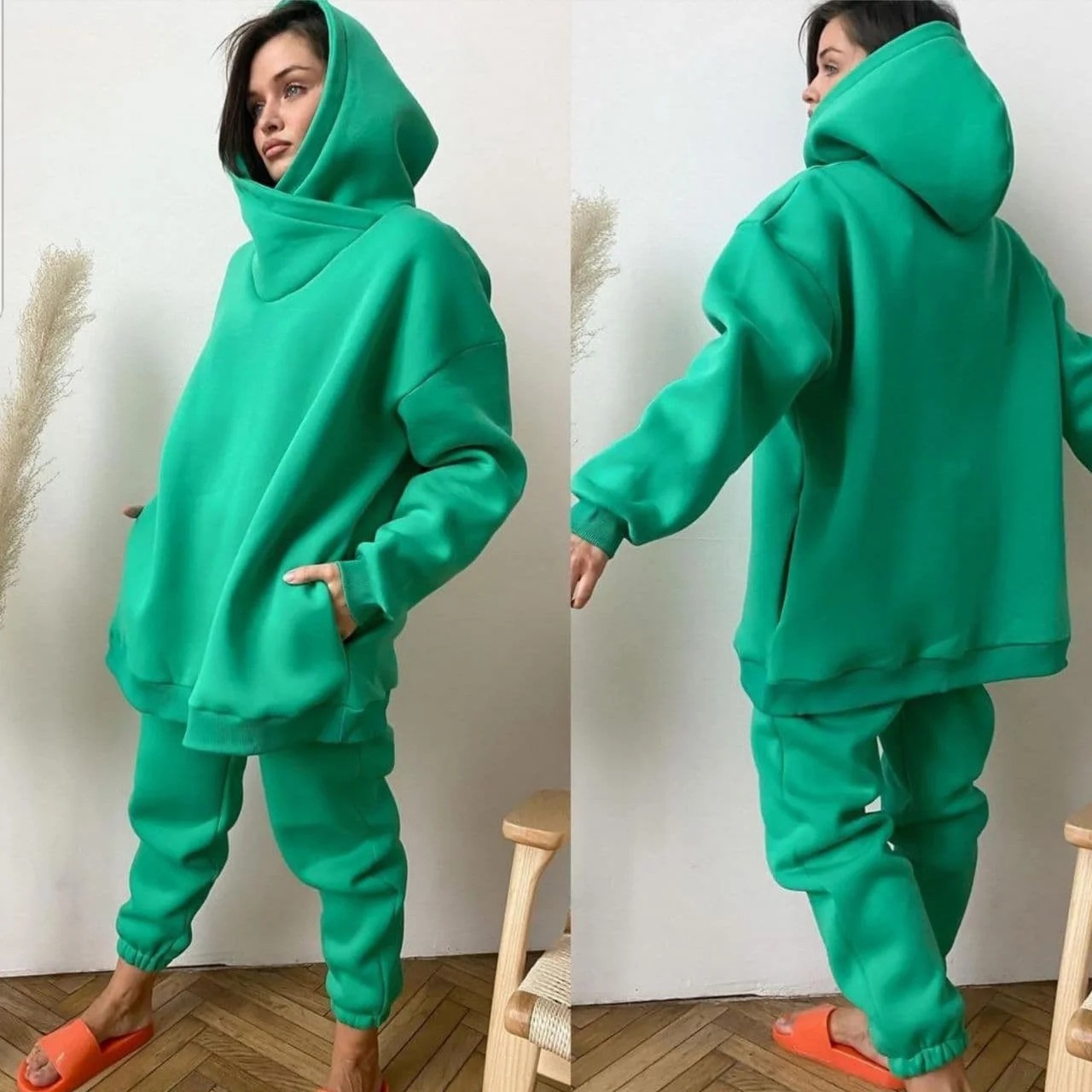 Women's Casual Two-Piece Sweatsuit Set with Drawstring, Polyester, Long Sleeve
