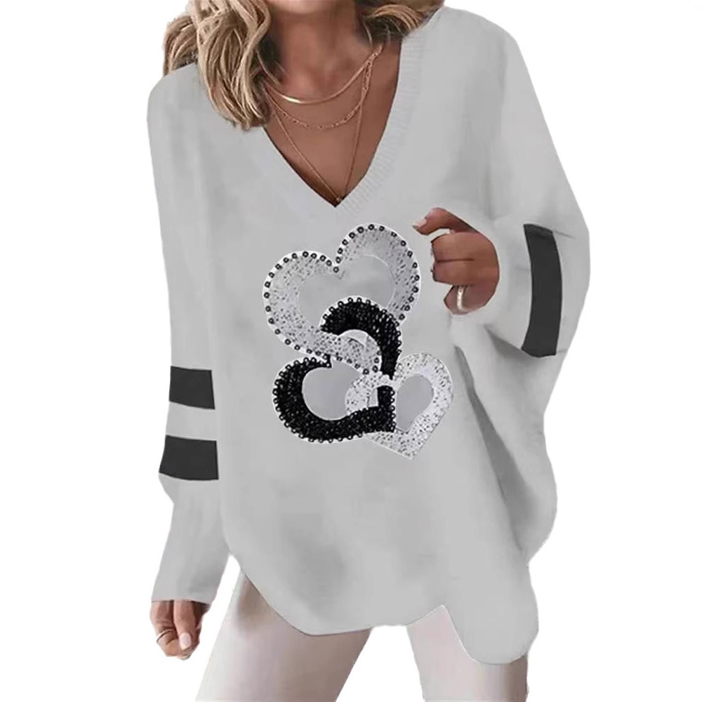 V-Neck Loose Geometric Heart Long-Sleeve Sweatshirt for Women