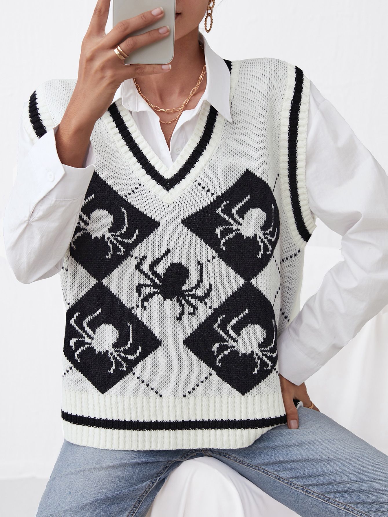 V-Neck Sleeveless Knit Sweater Vest with Spider Pattern