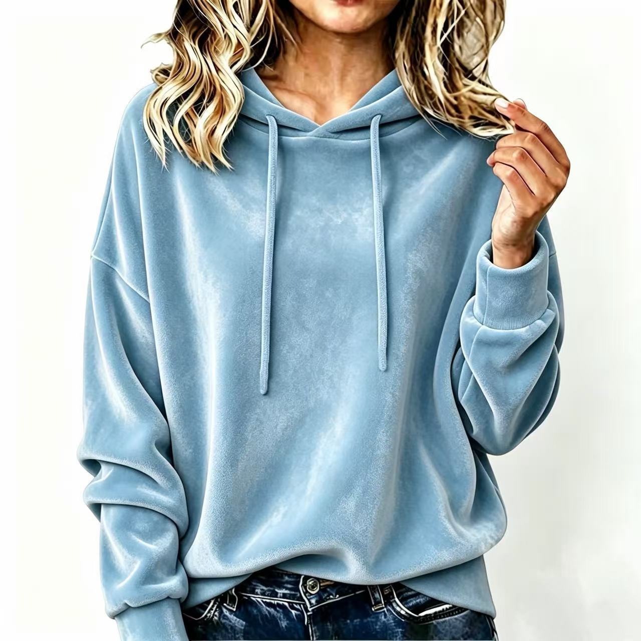 Hooded Drawstring Velvet Solid Color Long Sleeve Sweatshirt for Women