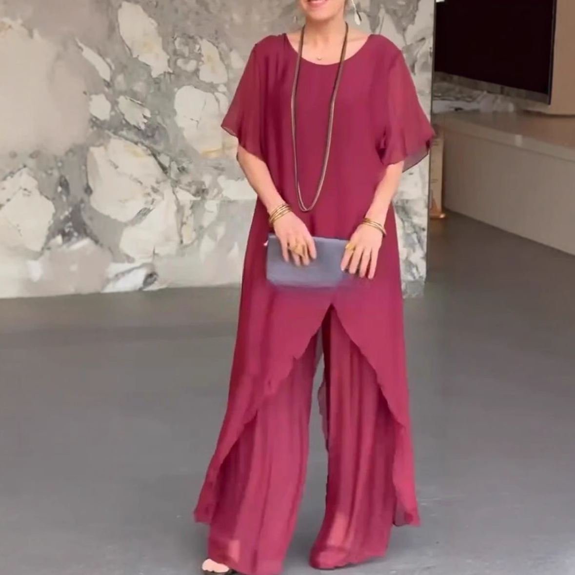 Women's Chiffon Two-Piece Set with Asymmetric Top and Loose Pants