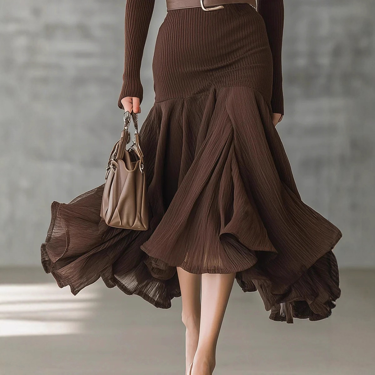 Solid Color Spliced V-Neck Long Sleeve Maxi Dress
