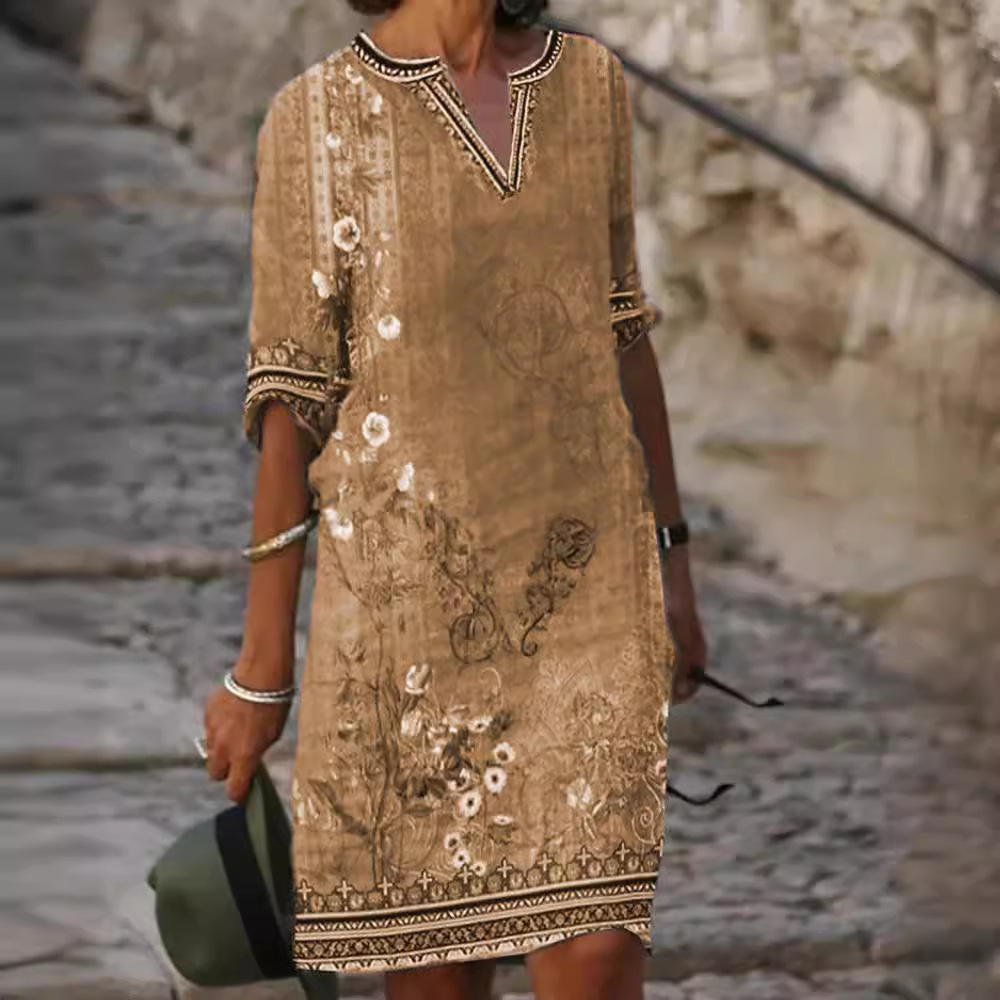 Women's Ethnic Floral Print V-Neck Casual Long Dress