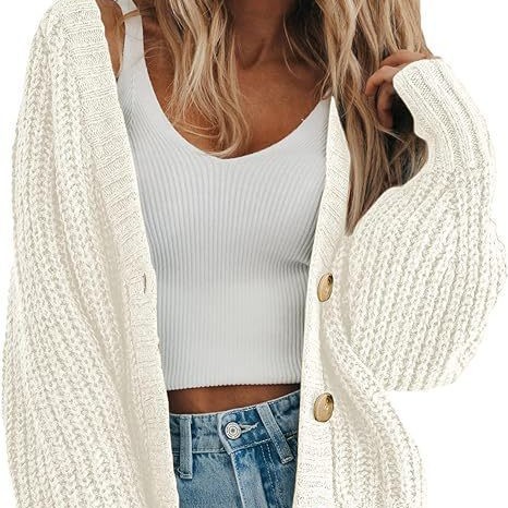 Women's Loose Knit Cardigan Sweater with Lantern Sleeves
