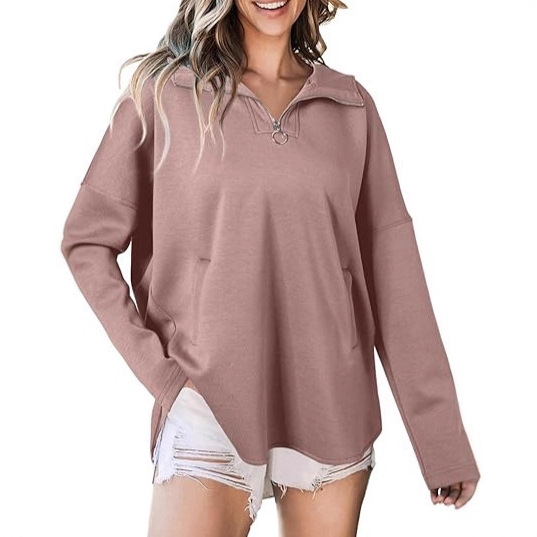 Oversized Collared Pullover Hoodie with Zip and Long Sleeves