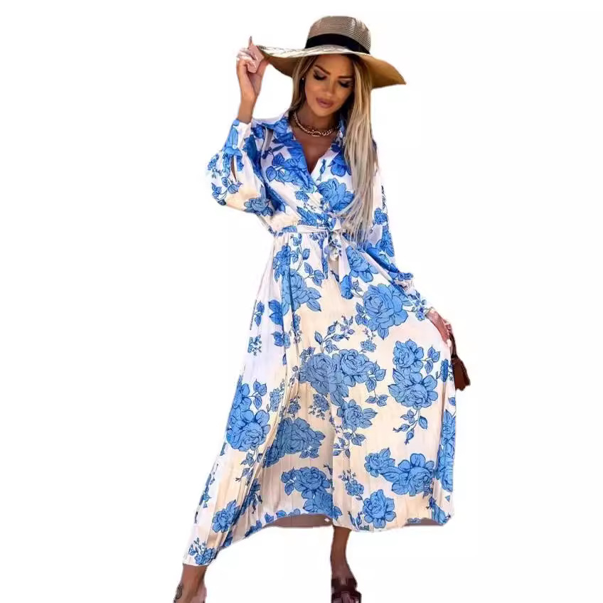Women's Long Sleeve Ruched Waist Floral Print V-Neck Dress