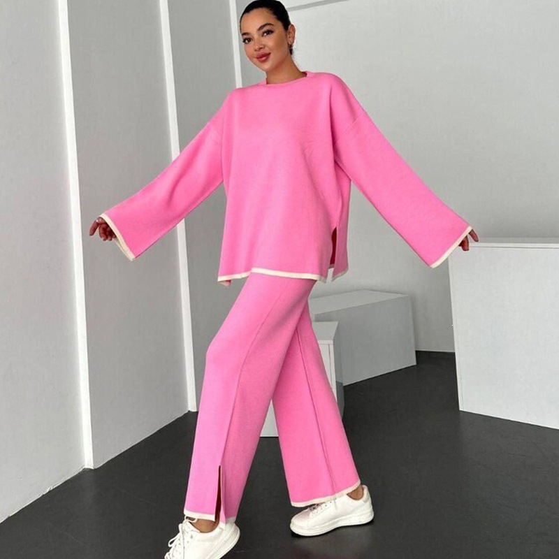 Women's Color-Block Long-Sleeve Split Top & Pants Two-Piece Set