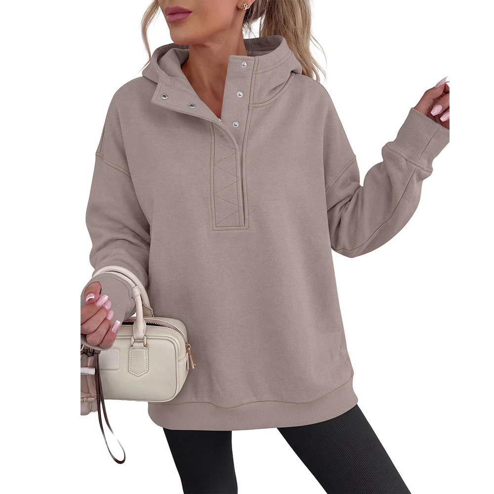 Women's Half-Button Hooded Sweatshirt Long Sleeve Loose Fit